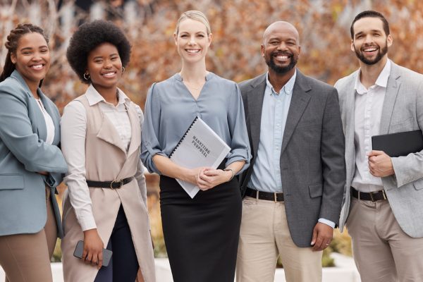 Portrait, diversity and leadership with a business team standing outdoor for corporate development